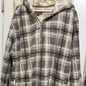 Koolaburra Women’s 3/4 Zip Plaid Sherpa Hoodie - Gray and Cream